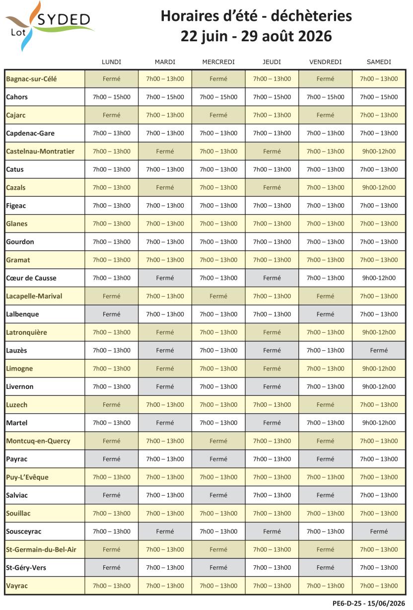 horaires d'été déchèteries