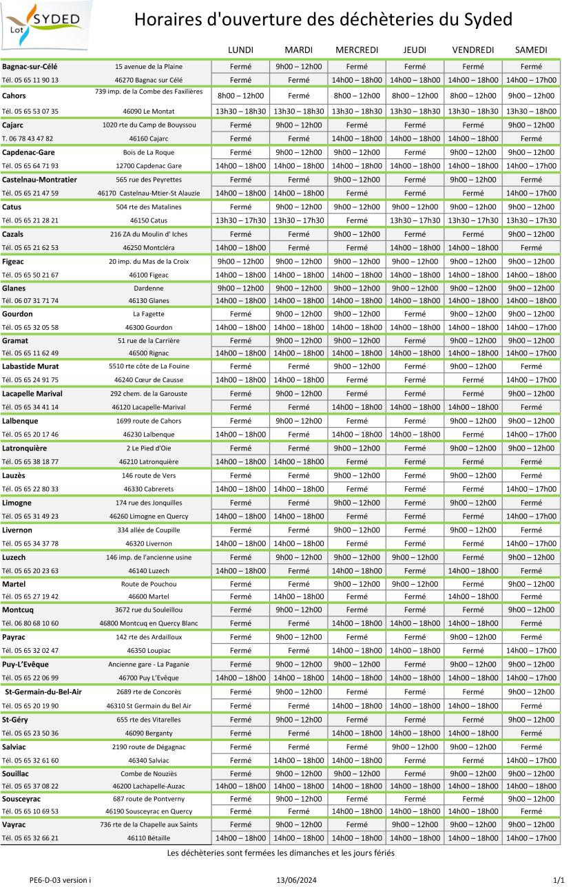 Horaires des déchèteries